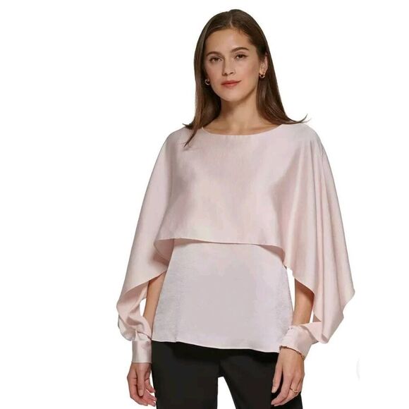 DKNY Top Blouse Womens Large Cape Overlay Crewneck Rosette Pink Careerwear Busin - Picture 1 of 6